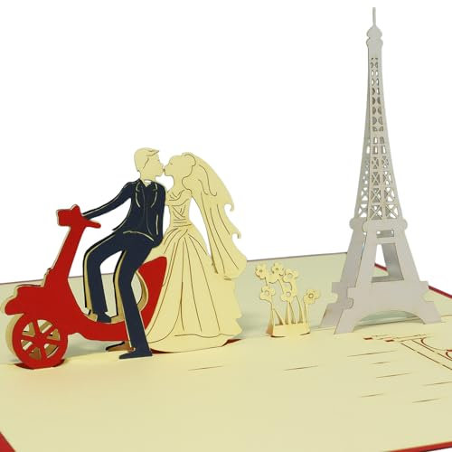 LINPopUp®, LIN17448, Pop Up Karte - Hochzeit, 3D Karte Hochzeitskarte Hochzeitseinladung Glückwunschkarte Hochzeit Liebe Brautpaar Vespa Paris, N80