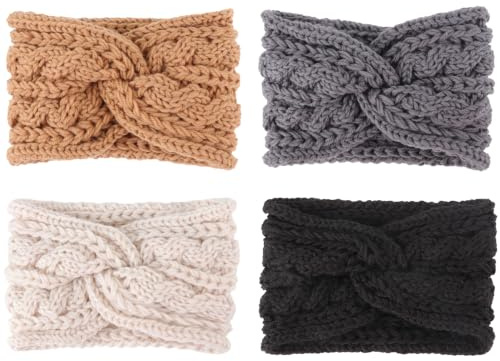 DRESHOW 4 Pièces Bandeau Cheveux pour Femme Bandeaux Hiver Serre-Tête Tricoté Oreille Réchauffeur Chaud Noué Bande Elastique Cheveux