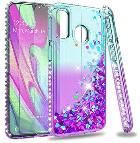 LeYi Hülle für Galaxy A40 Glitzer Handyhülle mit Panzerfolie Schutzfolie,Schimmernd Rhinestone Flüssige Cover Bumper Schutzhülle für Samsung Galaxy A40 Case Handy Hüllen Gradient Turquoise Purple
