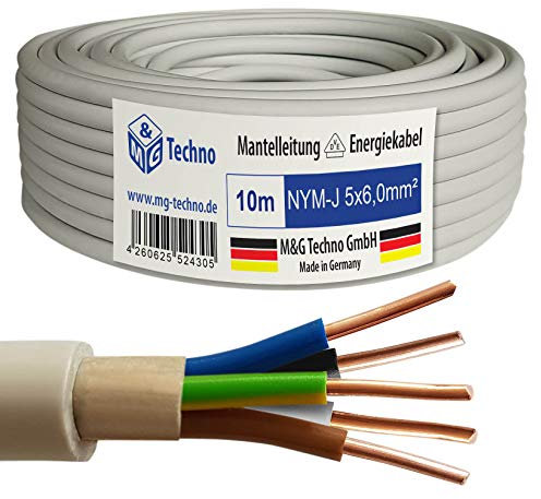 M&G Techno 10m NYM-J 5x6,0 mm² Mantelleitung Elektro Strom Kabel Kupfer eindrähtig Made in Germany