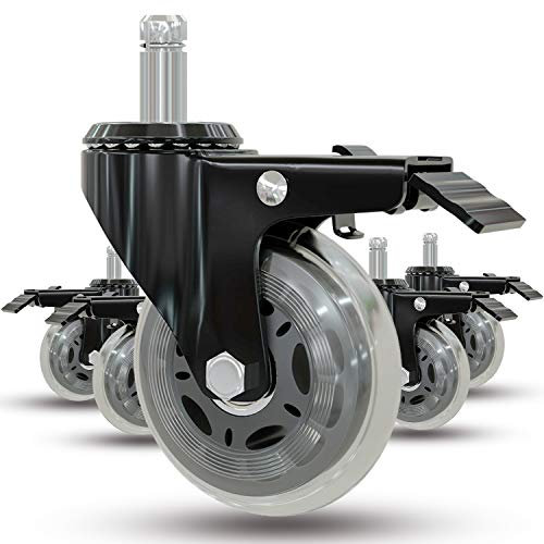 Casoter 3 Office Chair Wheels w/Brake Replacement 5 of Pack, Dual Lock Matel Brake Transparent Swivel Caster Set Move Safe for All Floors w/ 11mm Universal Fit Stem 440Lbs Load Capacity