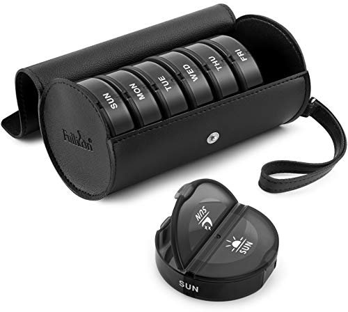 Fullicon PU Case Weekly Pill Box Organiser 2 Times A Day, Travel 7 Day Pill Boxes, Portable Tablet Organiser with Large Compartments for Medicine, Medication, Vitamin, Fish Oil Supplements (Black)