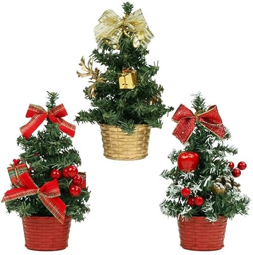 Belle Vous Albero di Natale Piccolo con Luci (3pz) - Mini Albero di Natale 20 cm con Bacche, Pigne e Fiocchi - Albero di Natale da Tavolo - Albero di Natale Piccolo per Casa, Tavola e Soggiorno