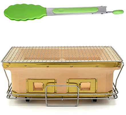 Japanese Ceramic Clay Grill with Food Tong, Rectangular Hibachi Charcoal Grill Tabletop Charcoal Stove Yakitori Barbecue Cooker for Camping Or Home (Yellow)