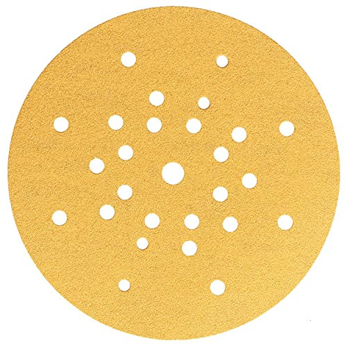 Mirka Gold Schleifpapier Ø 225mm Klett 27-Loch/Korn P150 / 10 Scheiben/Für Trockenbauschleifer Wand- und Deckenschleifer/Zum Schleifen von Gips, Spachtel, Spanplatten, Holz, Lack