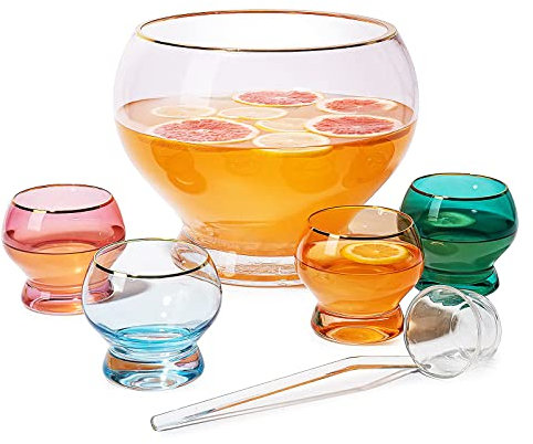 Colorful 1.7 Gallon Punch Bowl with 4 10oz Glasses Set with Ladle Gift For Mothers Day, Her, Wife, Mom, Friend - Colored Set Margarita, Cocktails, Juice, Punch Drink bowl for Parties, Weddings