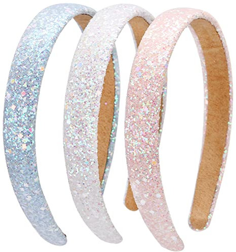 LONEEDY Lot de 3 bandeaux à paillettes brillantes et rigides pour enfants, larges et rembourrés, accessoires quotidiens pour filles et femmes (rose + bleu ciel + blanc)