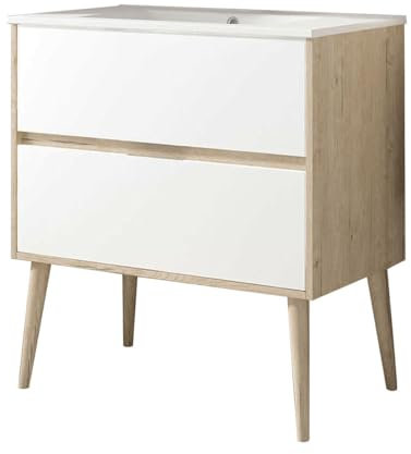 Kibath Mueble de Baño con Lavabo Noruega 80 cm 2 cajones suspendido (Patas Decorativas Incluidas) Acabado Blanco Mate Fabricado en Madera
