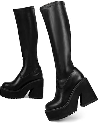 AMINUGAL Womens Elastic Knee High Boots Platform Chunky Block High Heel Sock Boots Zipper Round Toe Fashion Motorcycle Combat Punk Boots For Women Black size 8