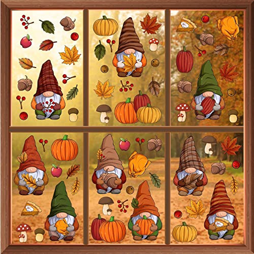 WALPLUS Autumn Window Stickers Clings Home Decorations Removable Reusable Double-Sided Print Decals for Glass Living Room Windows Display Home Décor Thanksgiving Gnomes 102 Pieces