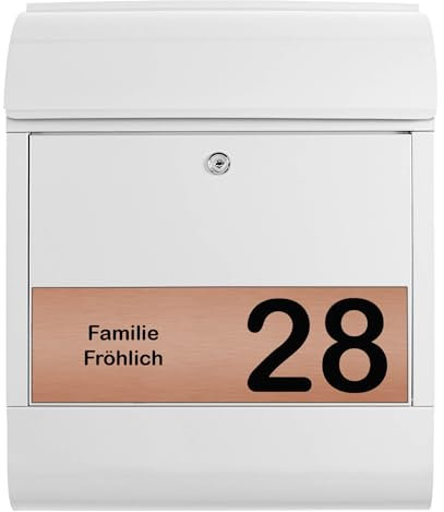 Banjado® Personalisierter Briefkasten Mit Graviertem Namensschild in Kupfer - Weiß 39x47x14cm - Mit Hausnummer, Namen & Motiv Gravur 1 - Mit Zeitungsfach