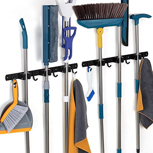 Damita Broom Holder Wall Mount Mop Hanger for Kitchen Garage Garden Metal Tool Organization - Stainless Steel Non-slip Broom Rack Mop Holder Wall Organizer 2-Pack (Black, 3 Racks 4 Hooks)