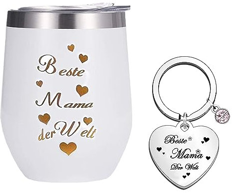 Edelstahl Kaffeebecher mit Gravur Geschenk für Mama - Beste Mama der Welt Thermobecher für Mutter, Muttertag Geburtstag Geschenk-350ml Weiß Doppelwandig Isolierbecher mit Schlüsselanhänger