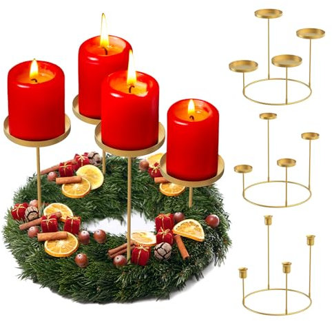 FHzytg 3 in 1 Adventskranz Metall Kerzenhalter Stumpenkerze, Kerzenhalter Stumpenkerzen Kerzenständer Kerzenteller für Adventskranz Stabkerzen, Stumpenkerzen und Teelichter Deko (Gold)