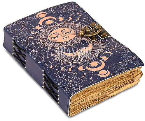 ANANYOM Handmade Leather Journal,Royal Blue,Sun & Moon Vintage Leather Notebook Diary Sketchbook,Brass Clasp Lock journal for Men & Women, Deckle Edge Unruled 200 Pages,Size 8 (L) x 6 (W) inches