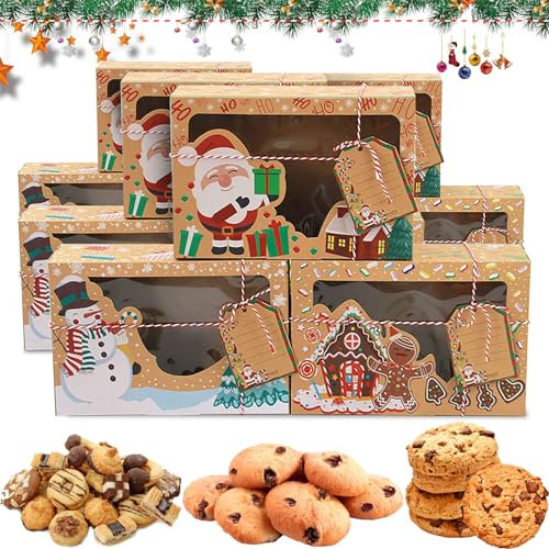Seasboes 12 Stück Weihnachts Kekskästen Boxen, 22 x 15 x 7cm Geschenkboxen Weihnachten Plätzchen, Cupcake Boxen, Kuchen Kästen mit Sichtfenster und Tags für Weihnachten Brot Kekse Schokolade