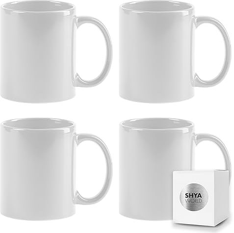 ShyaWorld Tazas de cerámica de 370ml de colores presentada en caja individual. Aptas para microondas y lavavajillas. (Blanco, 4)