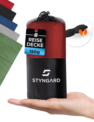 STYNGARD Ultraleichte Reisedecke kleines Packmaß aus 100% Baumwolle - Campingdecke leicht & dünn [150g] - Reisedecke Flugzeug atmungsaktiv [150 x 200cm] Modell Garda