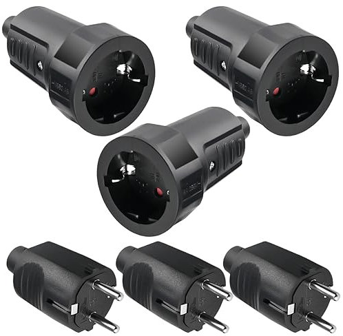 3 Paar Schuko Stecker Kupplung, 250V 16A IP44 Schutzkontakt Stecker Gummi Schukokupplung Set mit Knickschutz 2-polig Aussen Wasserdicht Schwarz Schukostecker und Gummikupplung ohne Kabel