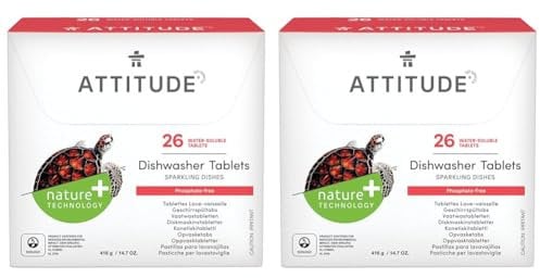 ATTITUDE Dishwasher Tablets, Water-Soluble, Anti-Limescale, Plant- and Mineral-Based Formula, Phosphate-free, Vegan, Unscented, 26 Count (Pack of 2)