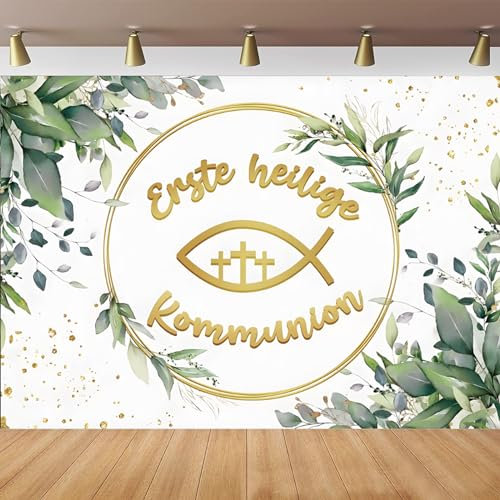 Kommunion Deko Banner 170x120cm, Taufe Party Dekoration Banner, Groß Erstkommunion Erste Heilige Kommunion Dekoration Gold-Grün Neutral Hintergrund Hängedeko für Junge Mädchen Wand Party