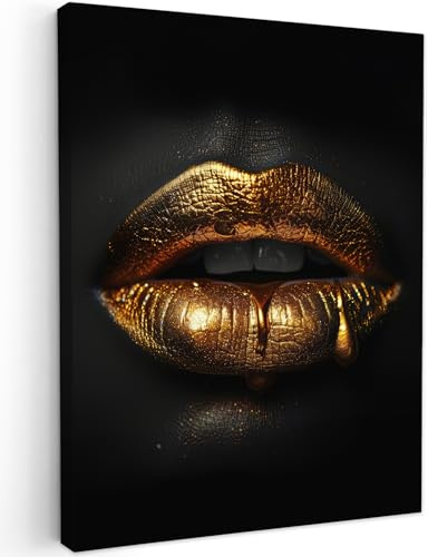 MuchoWow© Leinwand Bilder Wanddeko Wohnzimmer Aesthetic Room Decor Deko | 30x40 cm - Zimmer Wandbilder Modern Fotogeschenke Frau - Porträt - Lippen - Gold - Schwarz