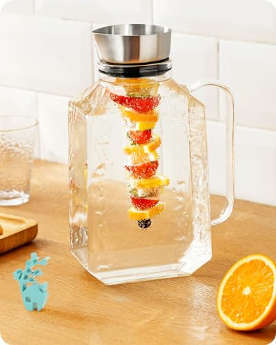 Baffect Water Jug for Fridge Door, Glass Jug with Lid for Fruit Infuser Water, Heat and Cold Resistant Borosilicate Glass Pitcher Jug for Sangria and Iced Tea (1.75L/62oz.)