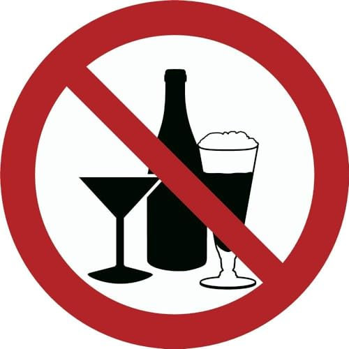 Pegatinas prohibidas para beber alcohol, diámetro de 10 cm, según ISO 7010, ASR A1.3 (resistente a la intemperie)