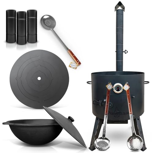 Utschak Uchag Feuerofen Ø 49 cm 2 mm Stahl Herdplatte 4mm Kazan 22 L runder Boden mit Thermometer Verlängerungsrohr,Schaumlöffel 64 cm, Schaumlöffel 48 cm, Schaumlöffel tief, 64 cm (Set R22-3)