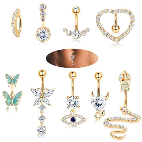 YADOCA 10 Stück 14G Bauchnabelpiercings Chirurgenstahl für Damen Mädchen Langer Anhänger Bauch Piercing Cubic Zirkonia Herz Schlange Schmetterling Bauchnabelpiercings Schmuck Set Roségold