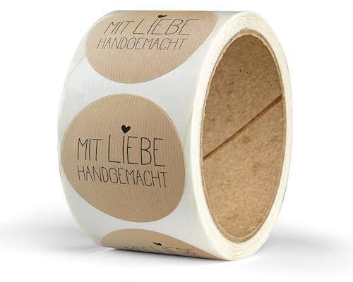 Aufkleber Mit Liebe handgemacht – 50 Stück – rund, Ø 4 cm – als Sticker oder Etiketten für Hochzeit, Weihnachten, Einschulung – handmade, Marmeladengläser, Kerzen - BRAUN