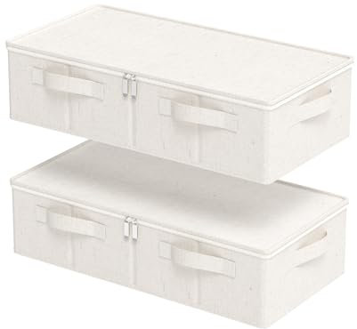 ENUMAIL 2 Piezas Cajas de Almacenamiento Plegable Bajo la Cama, Organizadora de Almacenamiento de Tejidos con Mango, Para Colchas, Ropa, Mantas y Zapatos, 60×30×15cm, Beige
