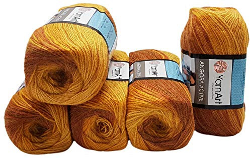 5 x 100 g Ilkadim Export Angora Active Strickwolle mehrfarbig mit Farbverlauf, 500 Gramm Strickgarn mit 20% Wolle, Farbverlaufswolle (braun terrakotta 844)