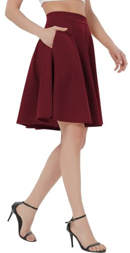 Soudittur Plisseerock Damen Basic Solid Midi-Rock Elegant Faltenrock Elastisch Hohe Taille Plisseerock Knielang Skater Rock mit Reißverschlusstasche (M, Weinrot-midi)