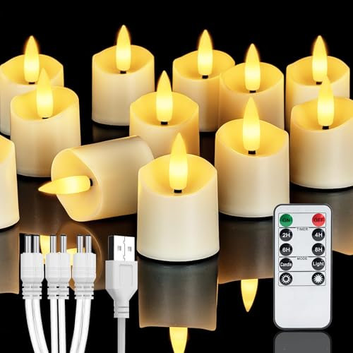 Homemory Velas de té LED recargables a distancia con temporizador de 2/4/6/8 horas, cable de carga USB, batería sin llama, vovite eléctrico, boda, decoración del hogar de Navidad, paquete de 12