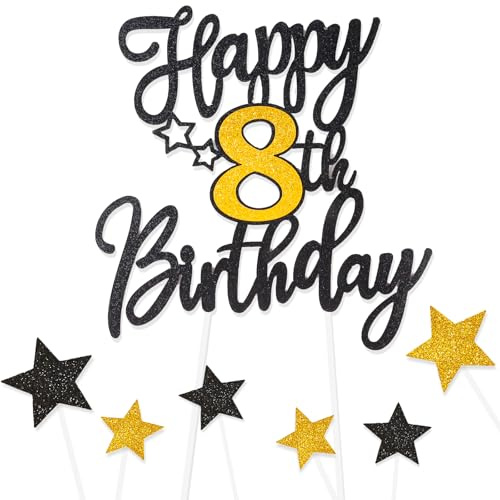 Black Gold Happy 8th Birthday Cake Toppers for Cake,Personalised Cake Toppers for Boy Men Girl Women Decorations,Glitter Cupcake Topper Cake Topper Kit 8th Birthday Party Cake Decoration Supplies