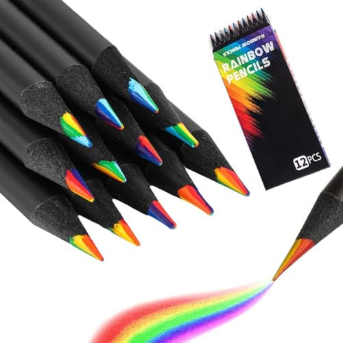 12 Stücke Regenbogen Buntstifte, 7 in 1 schwarze hölzerne Regenbogenstift, mehrfarbige Bleistifte sortierte Farben Art Supplies für Kinder Zeichnung Färbung Skizzieren Schule Klassenzimmer
