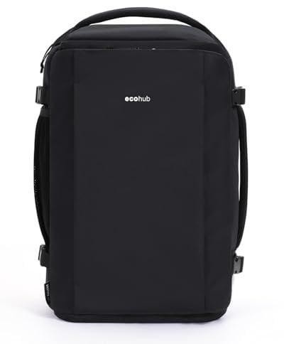 ECOHUB for Ryanair Cabin Bags 40x20x25, 20L Underseat Carry on Backpack with 14” Laptop Compartment, Water-Resistant Travel Hand Luggage Bag, Recycled Rucksack with Anti-Theft Pocket, Black