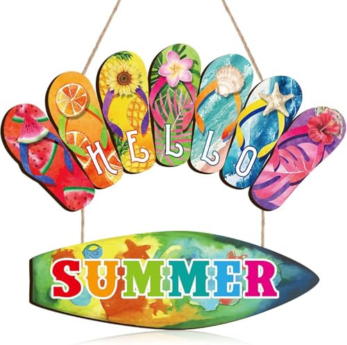 Hello Summer Hängende Türschild Dekor Sommer Tür Wanddekor Schild Türschild Rustikales aus Holz Hausschuhe Surfbrett Sommer Hängende Dekorationen für Indoor Outdoor Garten und Partydeko (B)