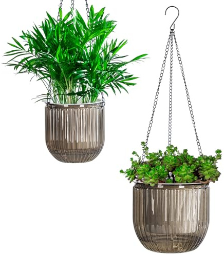 Josteve 5.2/8.2 Inch 2 Pcs Self Watering Hanging Planter Indoor Plant Pots Drainage Holes, Outdoor Small Hanging Planters Flower Pot Basket, Visible Water Level, Plant Hanger Home Decor, Gardening