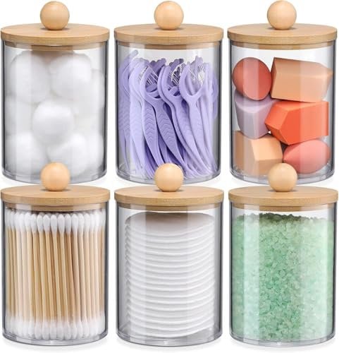 LATERN 6Pcs Cotton Pad Holders with Bamboo Lid, 10oz Acrylic Qtip Holder Bathroom Canisters Jar Dispenser Cotton Swab Ball Pad Holder for Vanity, Small Qtip Container with 12Pcs White Labels