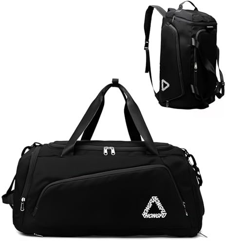 Sporttasche Groß Trainingstasche mit Schuhfach Nassfach, Schwarz | Verdeckbare Riemen, Oxford-Stoff Wasserdicht, Lässiger Komfort Sporttasche Rucksack,Reisetasche für Herren Damen