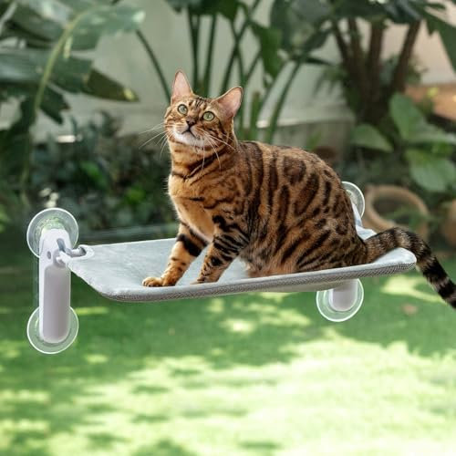 GUUSII HOME Katzen Fensterliege Faltbar Fensterbank Fensterbrettauflage Katzenbett Fenster Große Katze mit Saugnäpfen Hängematte Fensterliegeplatz Katzenliege Fensterscheibe 54 * 30cm (Grau, M)