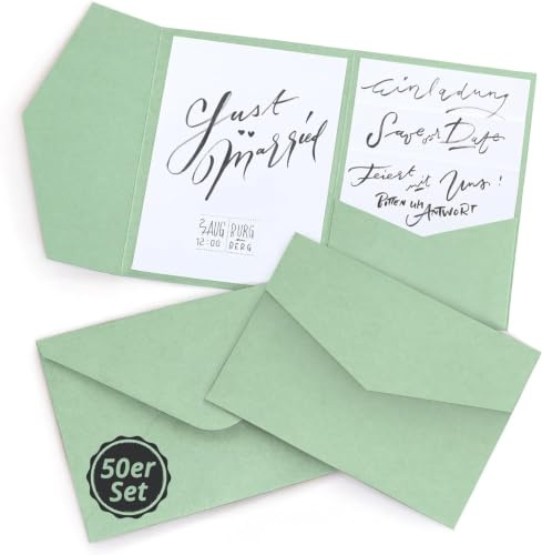 Japun - 50er Set Pocketfold-Karten inkl. Briefumschläge (DIN B6), grün | Blanko Pocketfolder aus 230 g/m² und Kuverts aus 120 g/m² Kraftpapier für Hochzeiten, Einladungen zum Gestalten & Beschriften