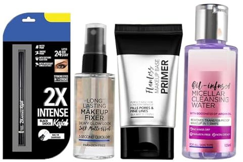 Makeup BFFs Kit – Pack of 4 (400g) | Intense Waterproof Kajal, Silicone Gel-Based Primer, Long-Lasting Makeup Fixer for Dewy Glow, Oil-Infused Cleansing Micellar Water
