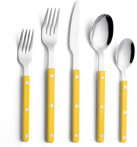 ANNOVA Silverware Set, Retro/Rivet Colorful Stainless Steel Tableware Kitchen Flatware Set Utensils, Includes Dinner Knives, Forks, Spoons, Salad Forks & Dessert Spoons (Yellow, 10 Pieces)