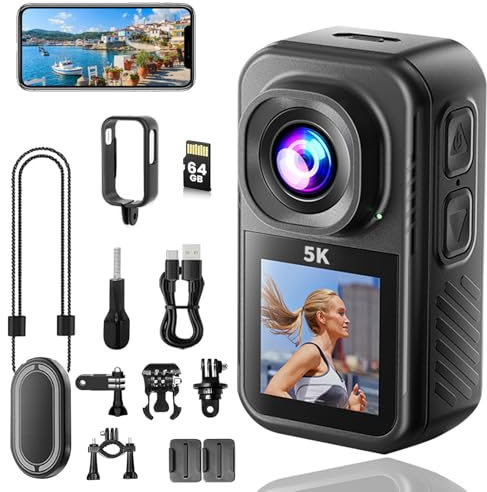 Action Cam 5K, Mini Sportkamera WiFi mit 64G Speicherkarte, Körperkameras mit Audio- und Videonachzeichnung, Wasserdichter Körperkamera, Kleine Bodycam für Radfahren, Spazierengehen mit Tieren