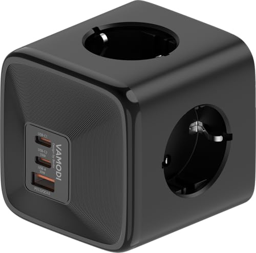 VAMODI Steckdosenleiste 33W USB C, 7 in 1 Steckdosenwürfel 2 USB C 1 USB-A, 4 Fach Mehrfachstecker für Zuhause, Büro und Smartphone, Schwarz