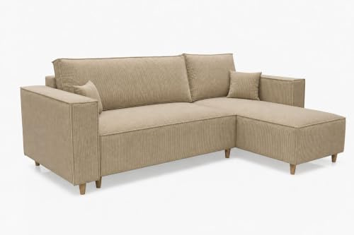 MARPUR Ecksofa mit Schlaffunktion & Bettkasten – Cord Beige – 249x142 cm – Eckcouch L-Form – Schlafsofa Wohnlandschaft – Ottomane Universal – Couch