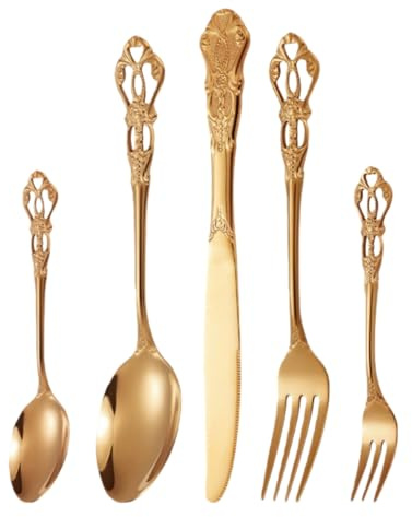 HSTWODE Retro Besteckset,Edelstahl-Besteckset,Wunderschönes 5-teiliges Edelstahlgeschirr, Vintage & Barock Design,für festliche Tafel, Hochzeit oder Hotel (Roségold)